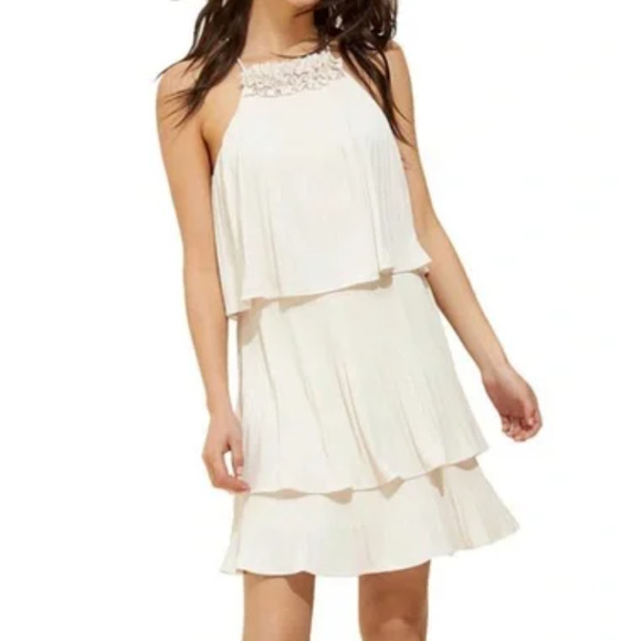 NEW Halston Heritage Ivory Pleated Mini Party Cocktail Dress Large L‎ 8 10 - Picture 1 of 6